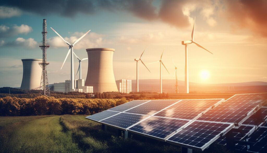 Éoliennes et panneaux solaires au coucher du soleil