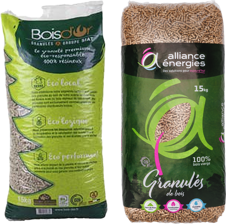 Sacs de granulés de bois Bois d'Or et Alliance Énergies